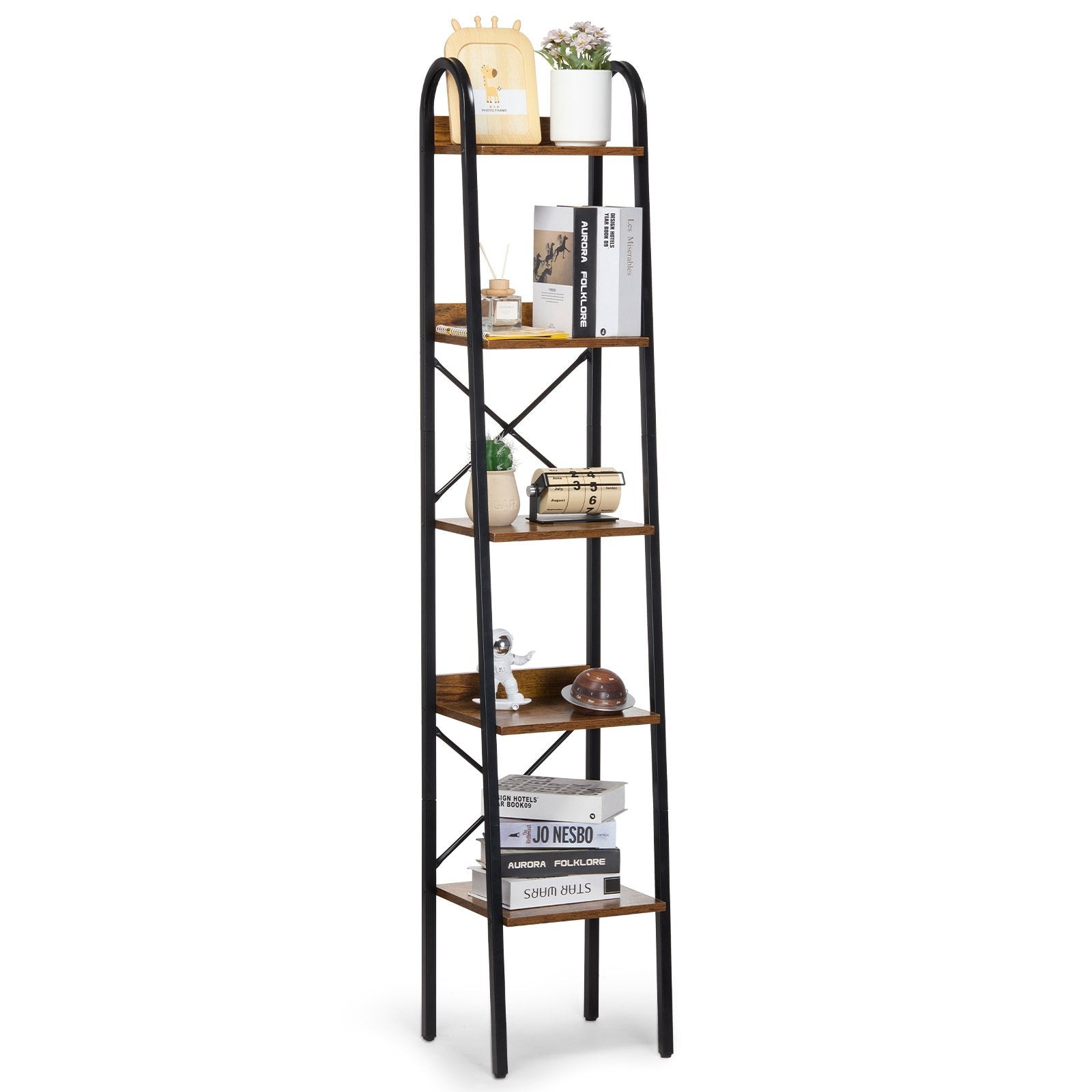 Bücherregal Aus Metall, 5-stöckiges Industrie Trapezförmiges Bücherregal, Kleines Vintage-Aufbewahrungsbücherregal Mit Offenen Regalen, Freistehendes Ausstellungsregal Lagerregal, Für Büro
