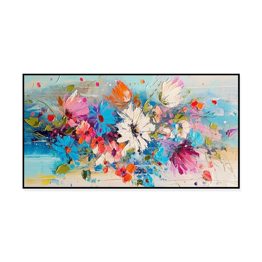 Beautiful Colorful Spring Flowers Knife Thick Oil Painting Handpainted Large Blue Florals Canvas Wall Art Modern Artwork Decor