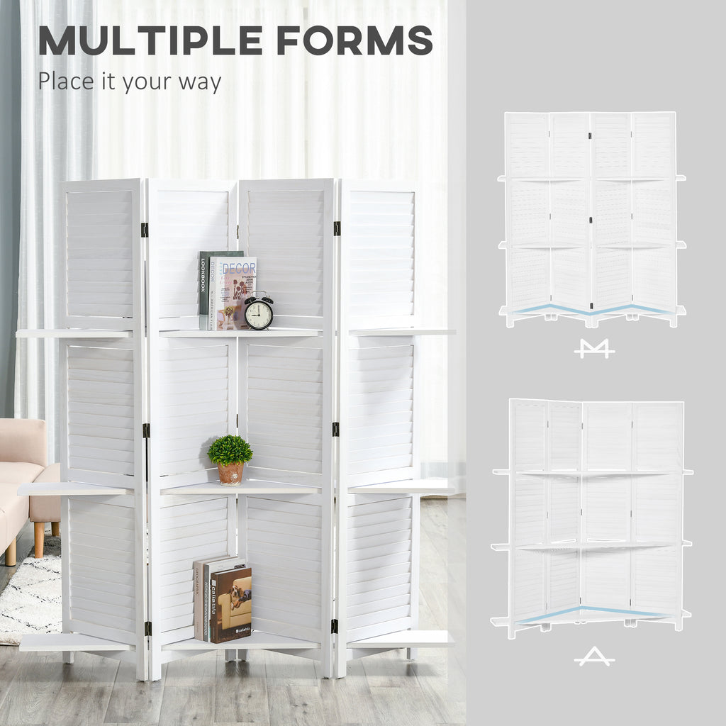 4 Panel 67" Tall Wood Privacy Screen Room Divider with 3 Shelves and Folding Storage for Bedroom, White