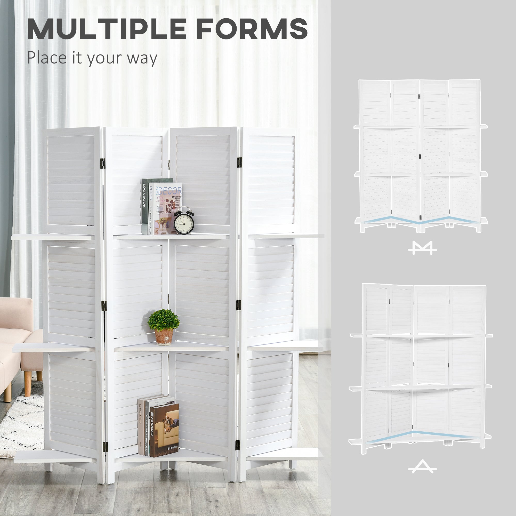 4 Panel 67" Tall Wood Privacy Screen Room Divider with 3 Shelves and Folding Storage for Bedroom, White
