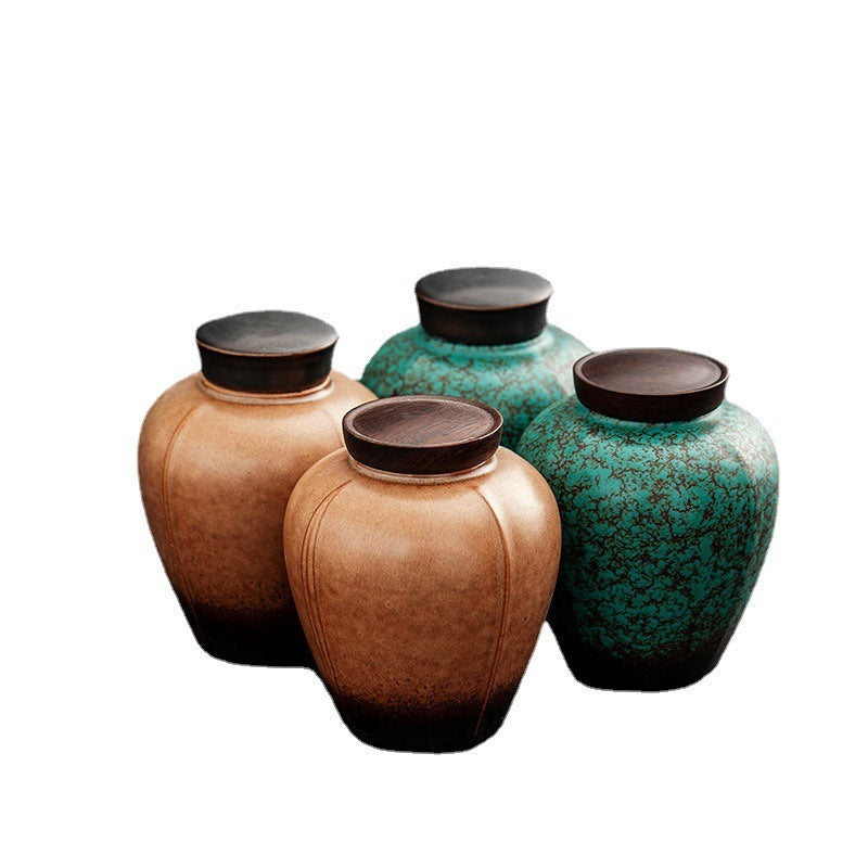 Dark Green Ceramic Cover Household Small Tea Jar
