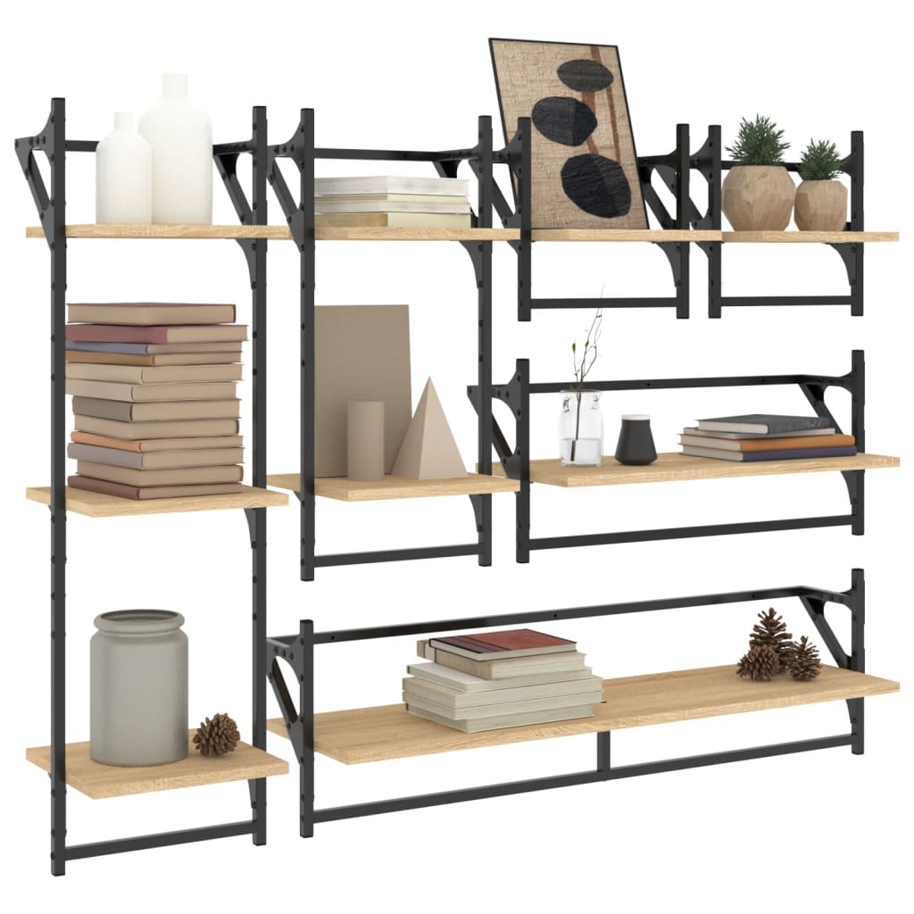 6-piece wall shelf set with rods, Sonoma oak wood composite