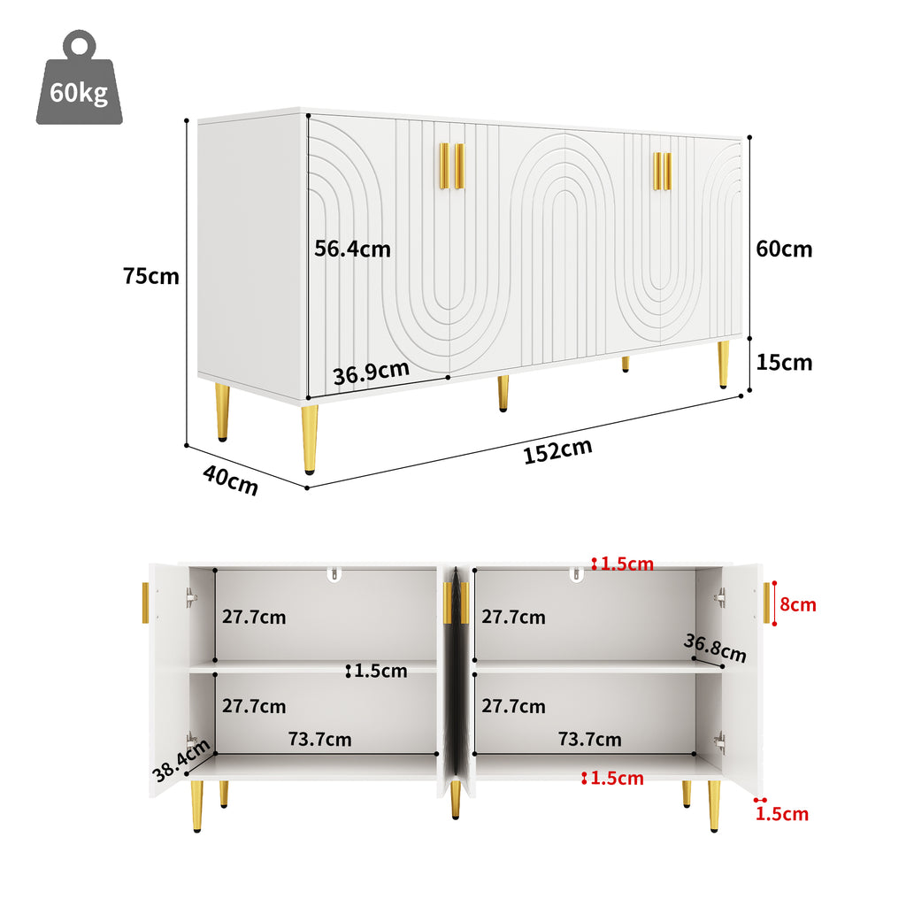 Credenza bianca 152 x 40 x 75 cm con esclusivo design ondulato e maniglie e piedini dorati, per creare un'elegante zona pranzo