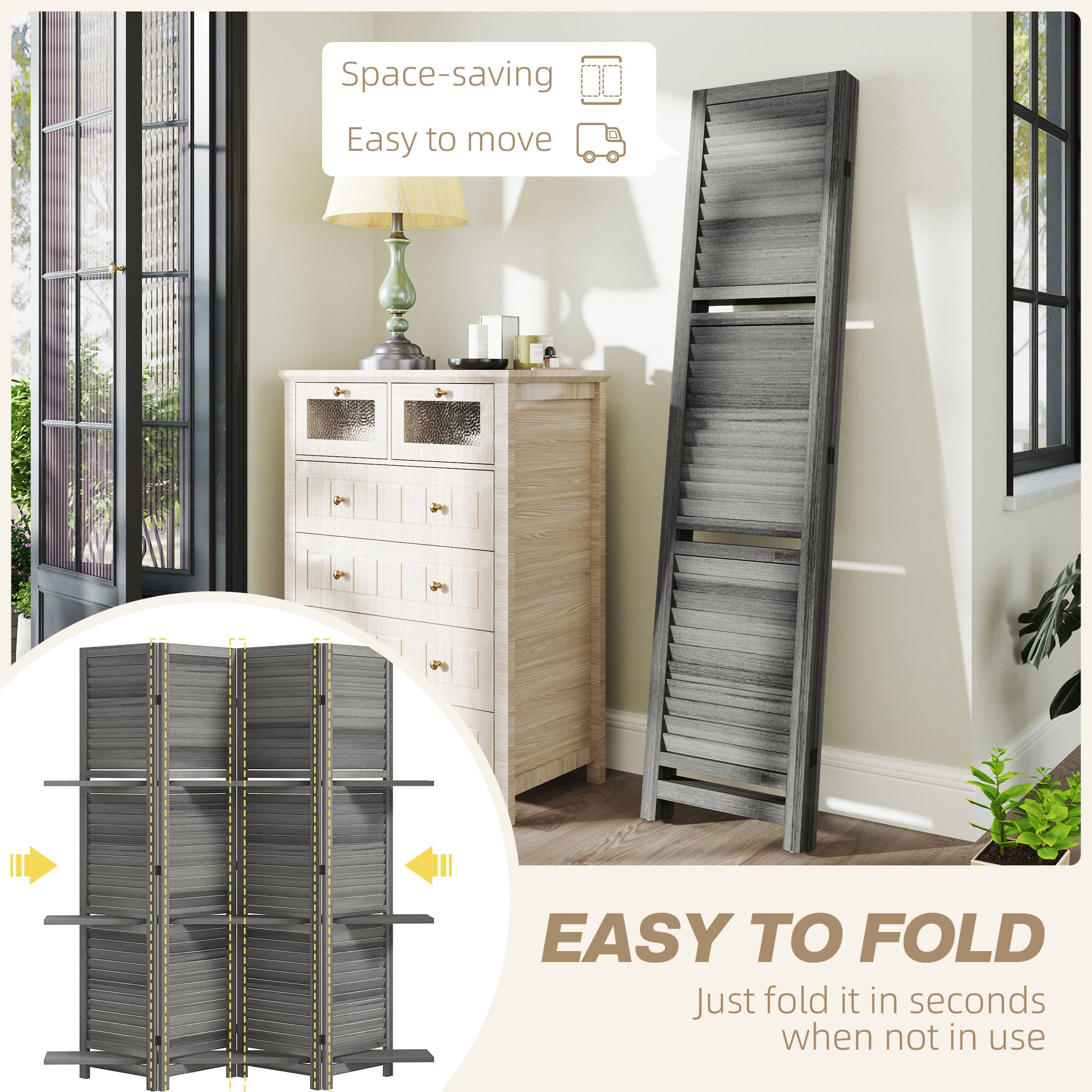 4 Panel 67" Tall Wood Privacy Screen Room Divider with 3 Shelves and Folding Storage for Bedroom, Gray
