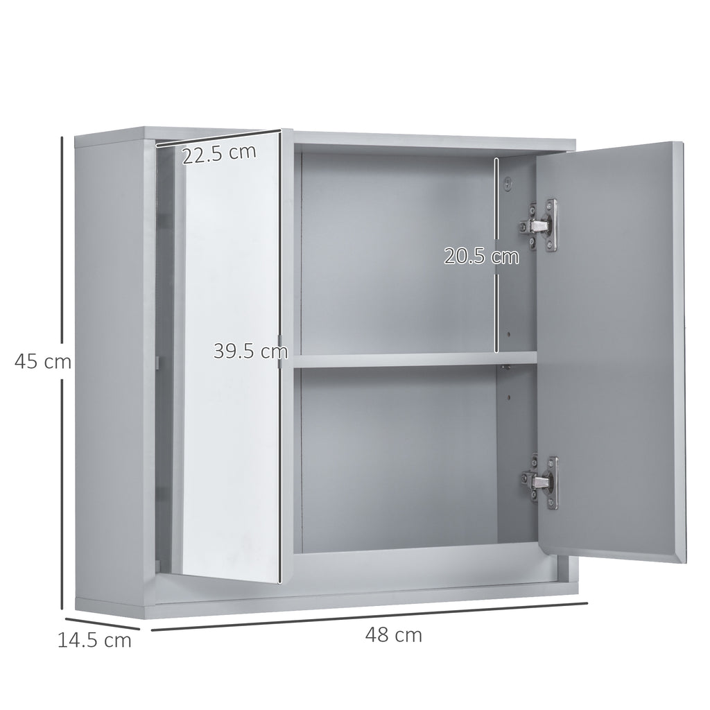 Mobiletto a specchio da parete con ripiano portaoggetti, mobiletto da bagno a doppia anta, grigio