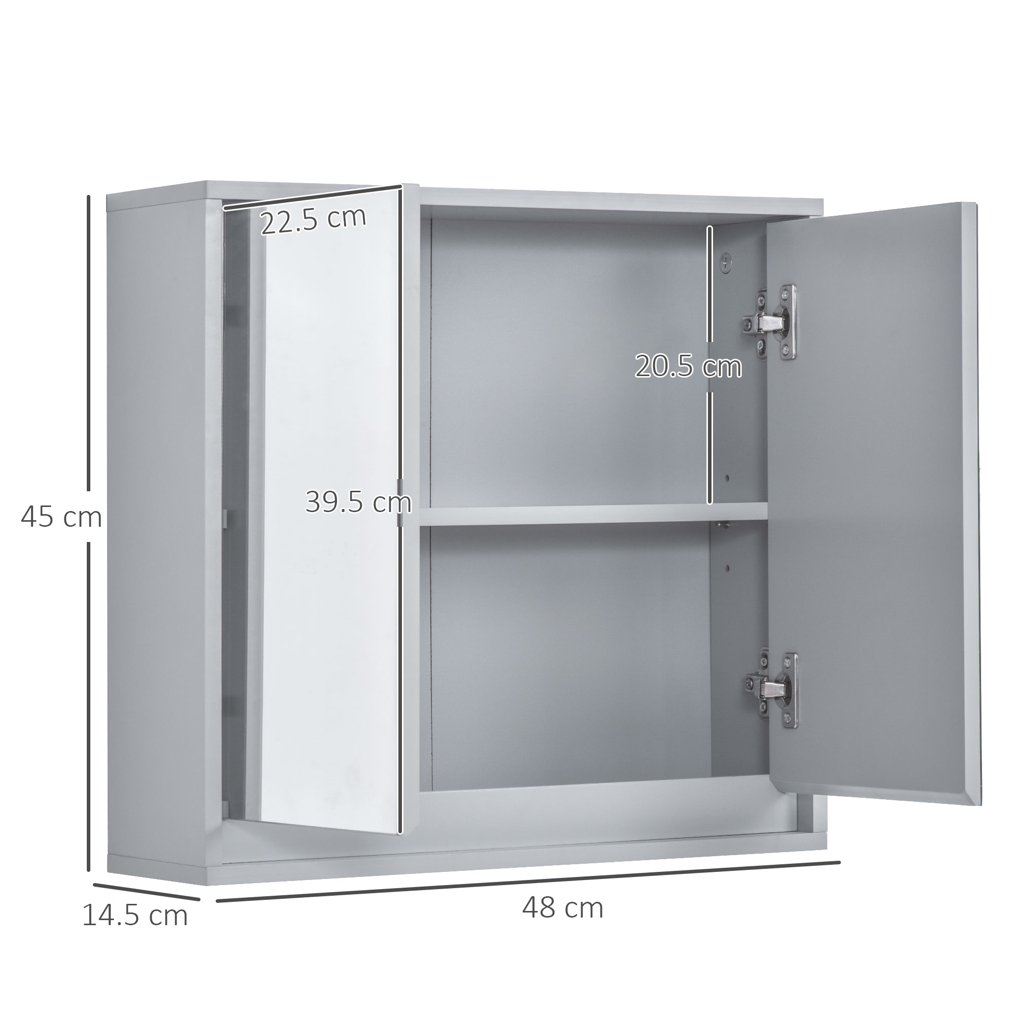 Mobiletto a specchio da parete con ripiano portaoggetti, mobiletto da bagno a doppia anta, grigio