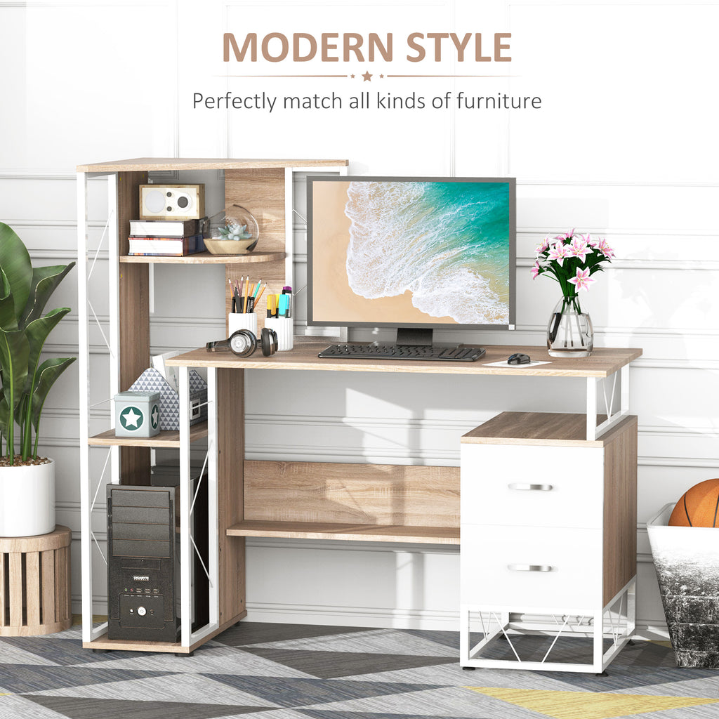 Computer Desk With Drawers And Bookshelf, Writing Desk For Home Office With Storage Shelves, Study Workstation, Oak