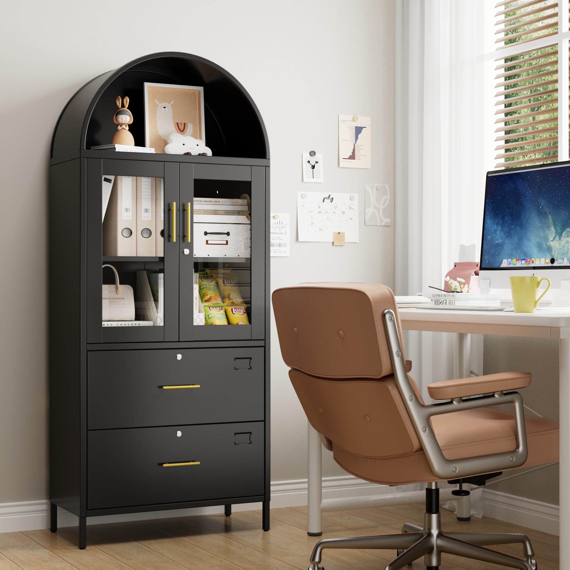 Mobiletto portadocumenti ad arco in metallo da 73 pollici di altezza, libreria ad arco nera con ante in vetro con serratura e cassetti, mobiletto portadocumenti per ufficio domestico, montaggio richiesto, nero