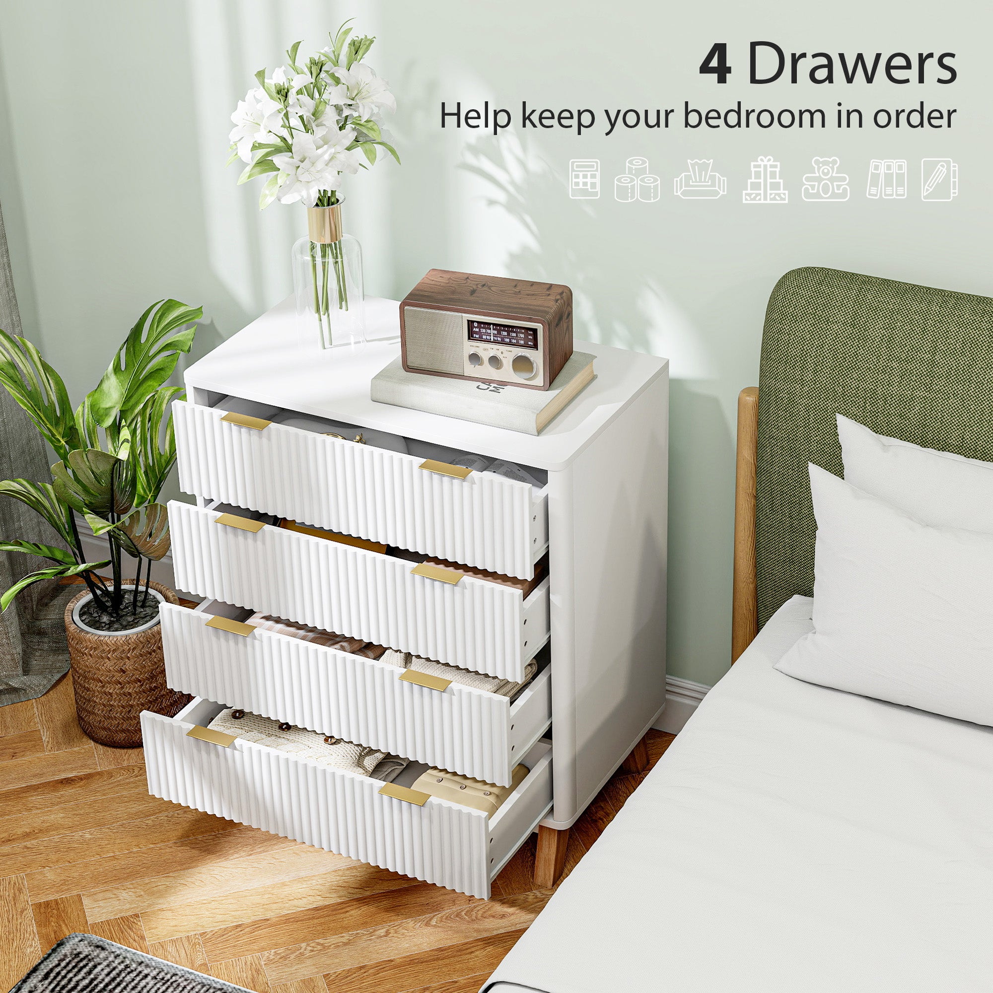 4 Drawer Double Dresser for Bedroom, Fluted Chest of Drawers with Gold Finger Pulls and 4 Wood Legs, White