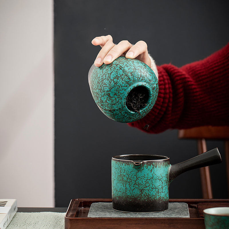 Dark Green Ceramic Cover Household Small Tea Jar