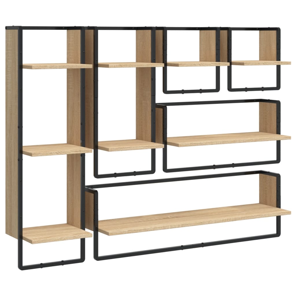 Set di 6 mensole da parete con aste, legno composito di rovere Sonoma