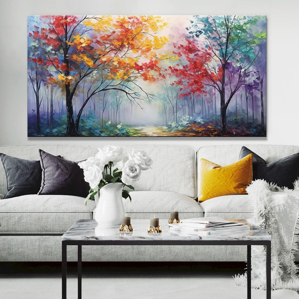 Colorful Abstract Tree Thick Oil Painting Hand Painted Forest Late Autumn Morning View Canvas Modern Artwork Landscape Wall Art For Home Decor