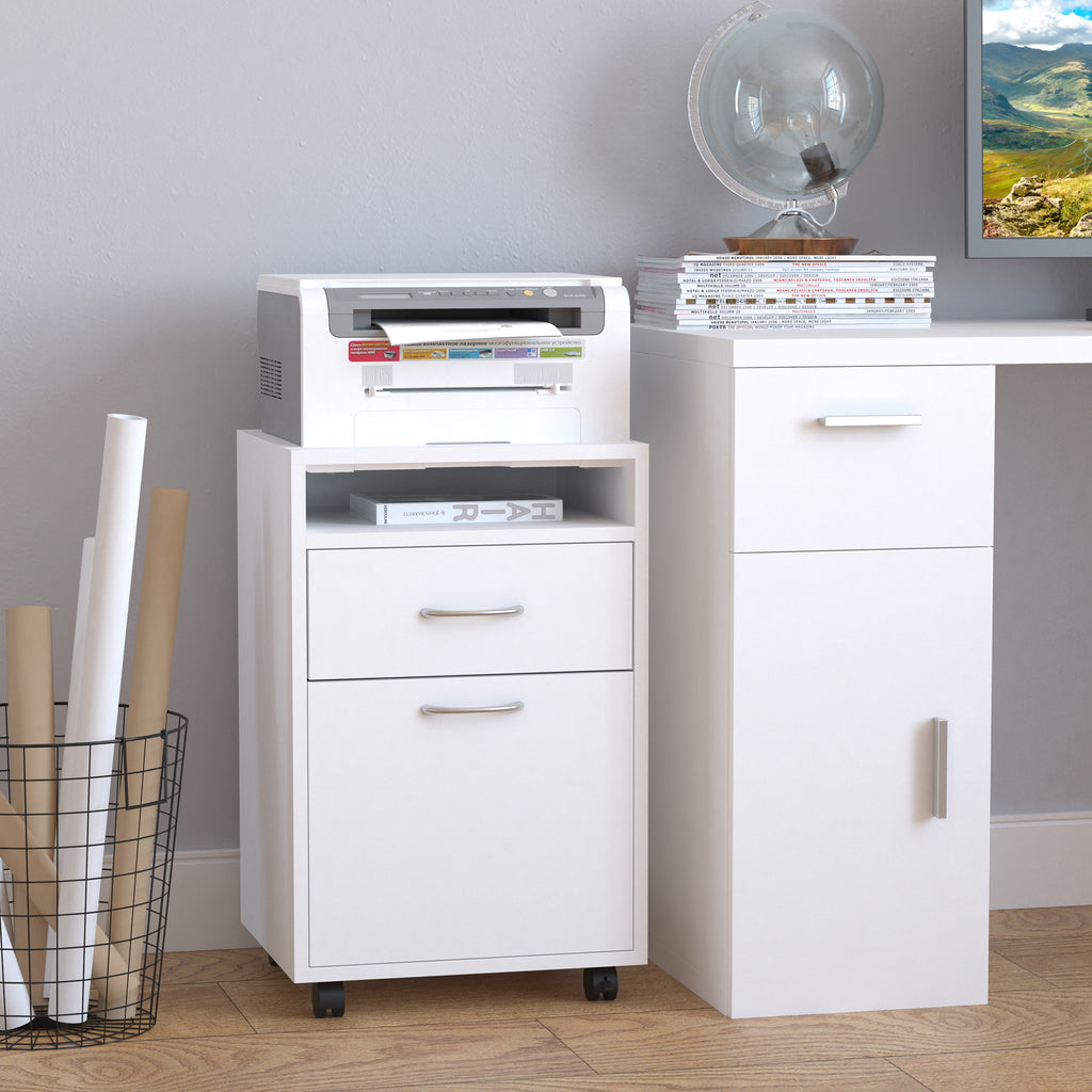Mobiletto portaoggetti mobile con cassetto e mobiletto, supporto per stampante con ruote, bianco