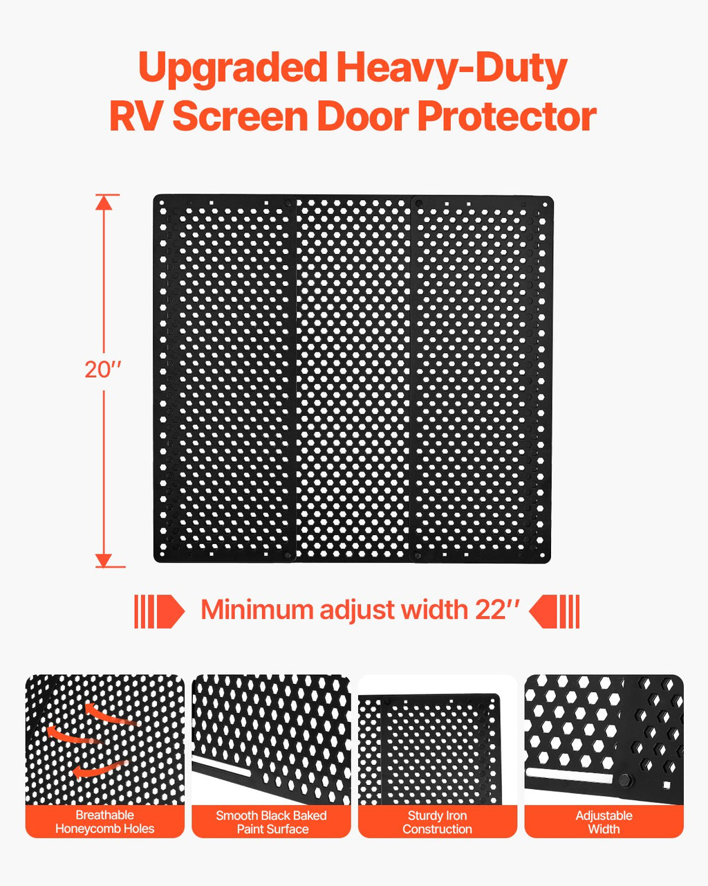 RV Screen Door Protector, Adjusts From 22 To 31.5 Inch, Adjustable Door Grille, Easy To Install, Reinforced Breathable Honeycomb Holes, Iron Camper RV Entry Protector For Pet Protection, Black