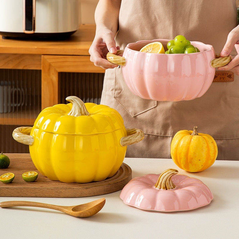 Pumpkin-shaped Binaural Ceramic Soup Bowl With Lid