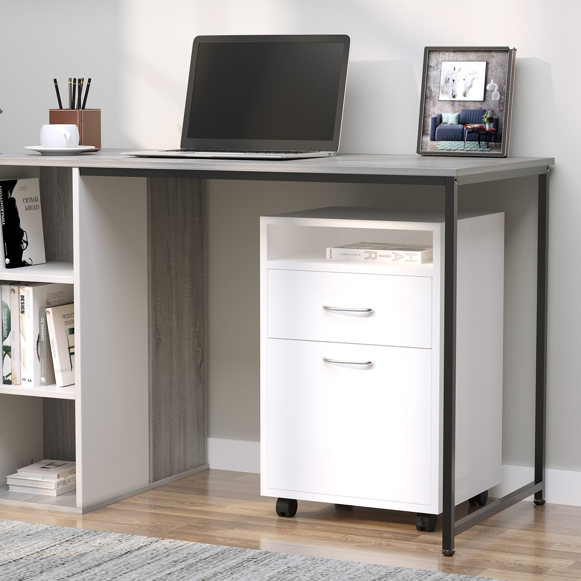 Mobiletto portaoggetti mobile con cassetto e mobiletto, supporto per stampante con ruote, bianco