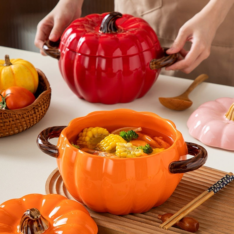 Pumpkin-shaped Binaural Ceramic Soup Bowl With Lid