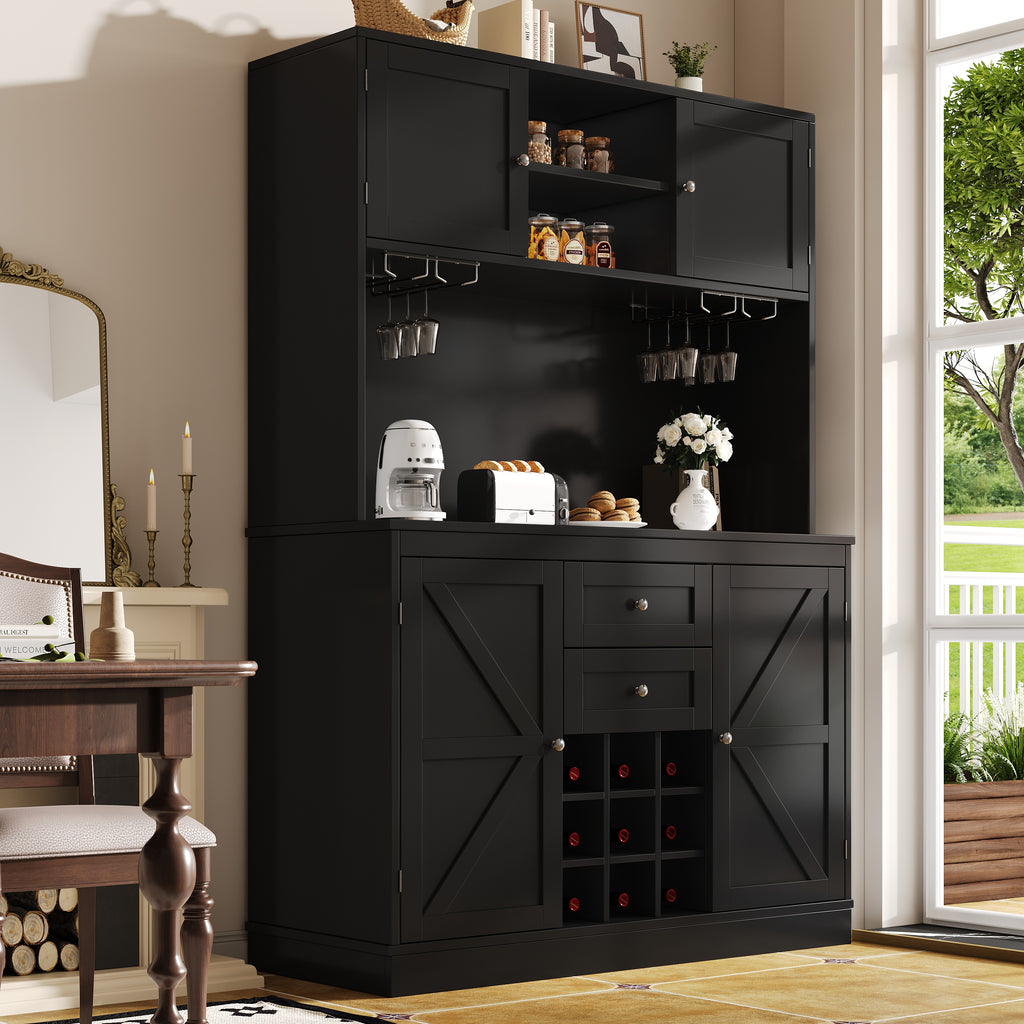 Mobile da cucina con ripiani regolabili e portabottiglie, mobile da cucina alto con 4 ante e 2 cassetti, credenza per cucina e soggiorno, mobile buffet, bianco
