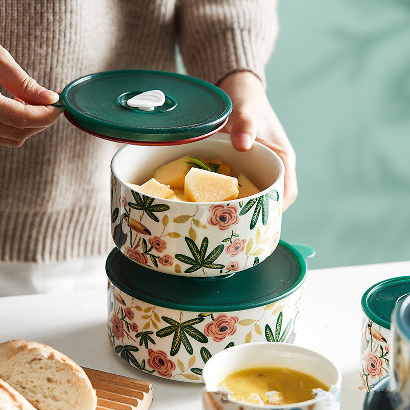 Portable With Cover Ceramic Bowl Microwave Oven Dedicated For Heating Bento Box Refrigerator Sealed Crisper