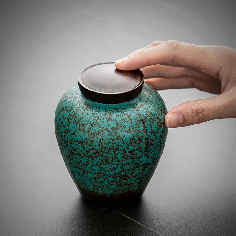 Dark Green Ceramic Cover Household Small Tea Jar