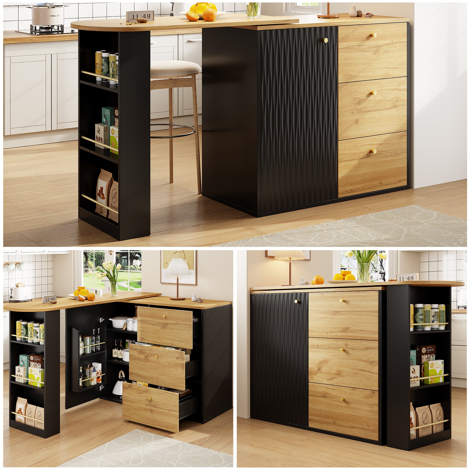 Tavolo da bar estensibile con spazio di archiviazione 138-204 x 39 x 104 cm, tavolo da pranzo girevole a 360°, tavolo da bar mobile moderno, tavolo da bistrot con isola da cucina e tavolo alto, credenza con finitura effetto legno