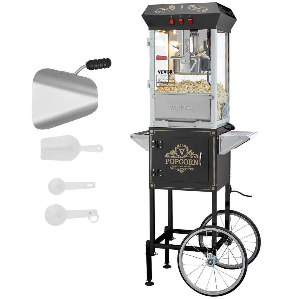 Popcornmaschine Popcornautomat Mit Wagen 850 W Popcorngerät, 8 Oz Kessel Für 48 Tassen Pro Ladung, Popcornmaschine Mit Gehärtetem Glas Inkl. 4 Schaufeln Kino-Stil Ristorante Schwarz