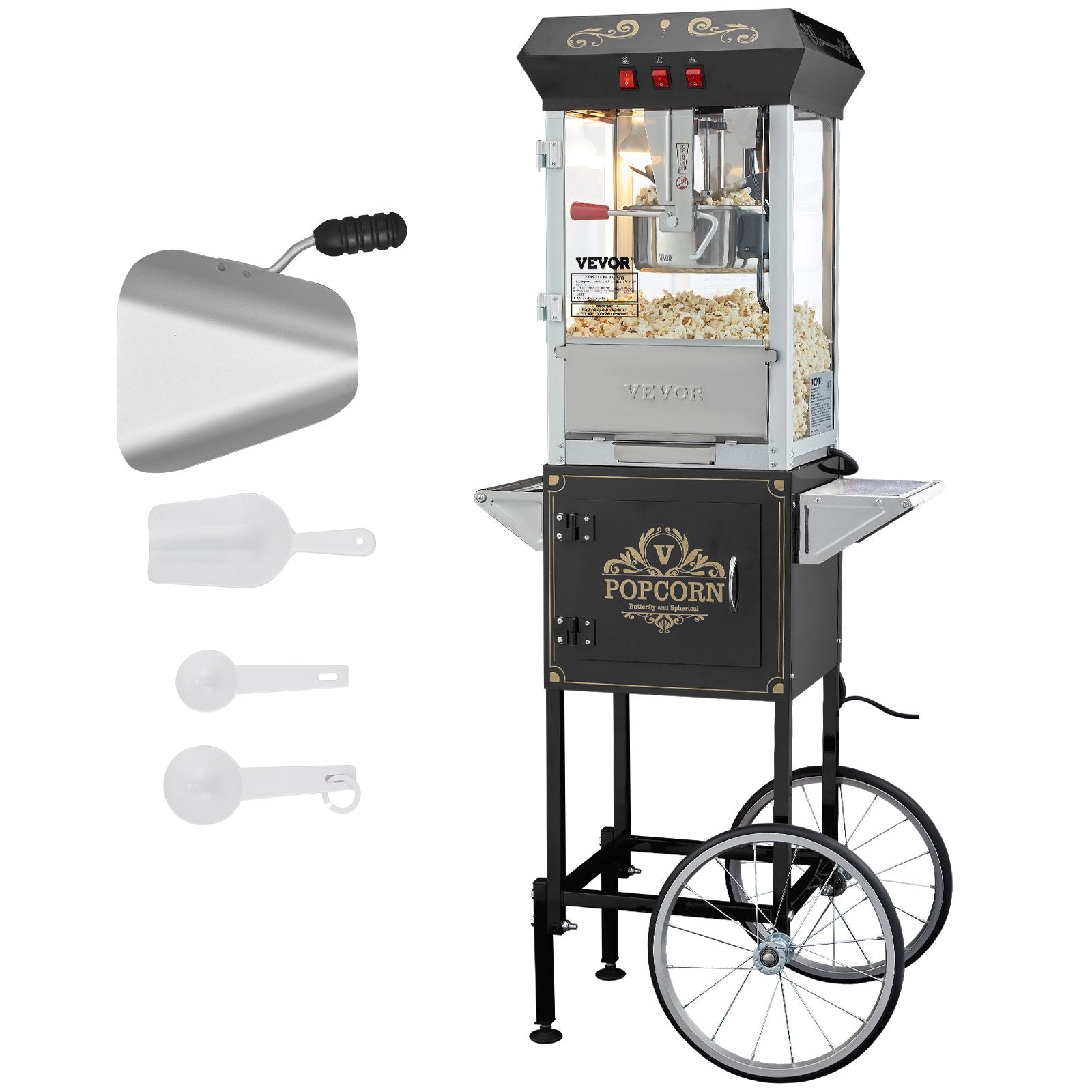 Popcornmaschine Popcornautomat Mit Wagen 850 W Popcorngerät, 8 Oz Kessel Für 48 Tassen Pro Ladung, Popcornmaschine Mit Gehärtetem Glas Inkl. 4 Schaufeln Kino-Stil Ristorante Schwarz