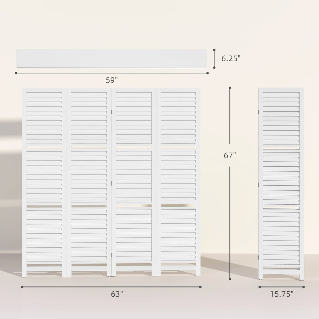 4 Panel 67" Tall Wood Privacy Screen Room Divider with 3 Shelves and Folding Storage for Bedroom, White