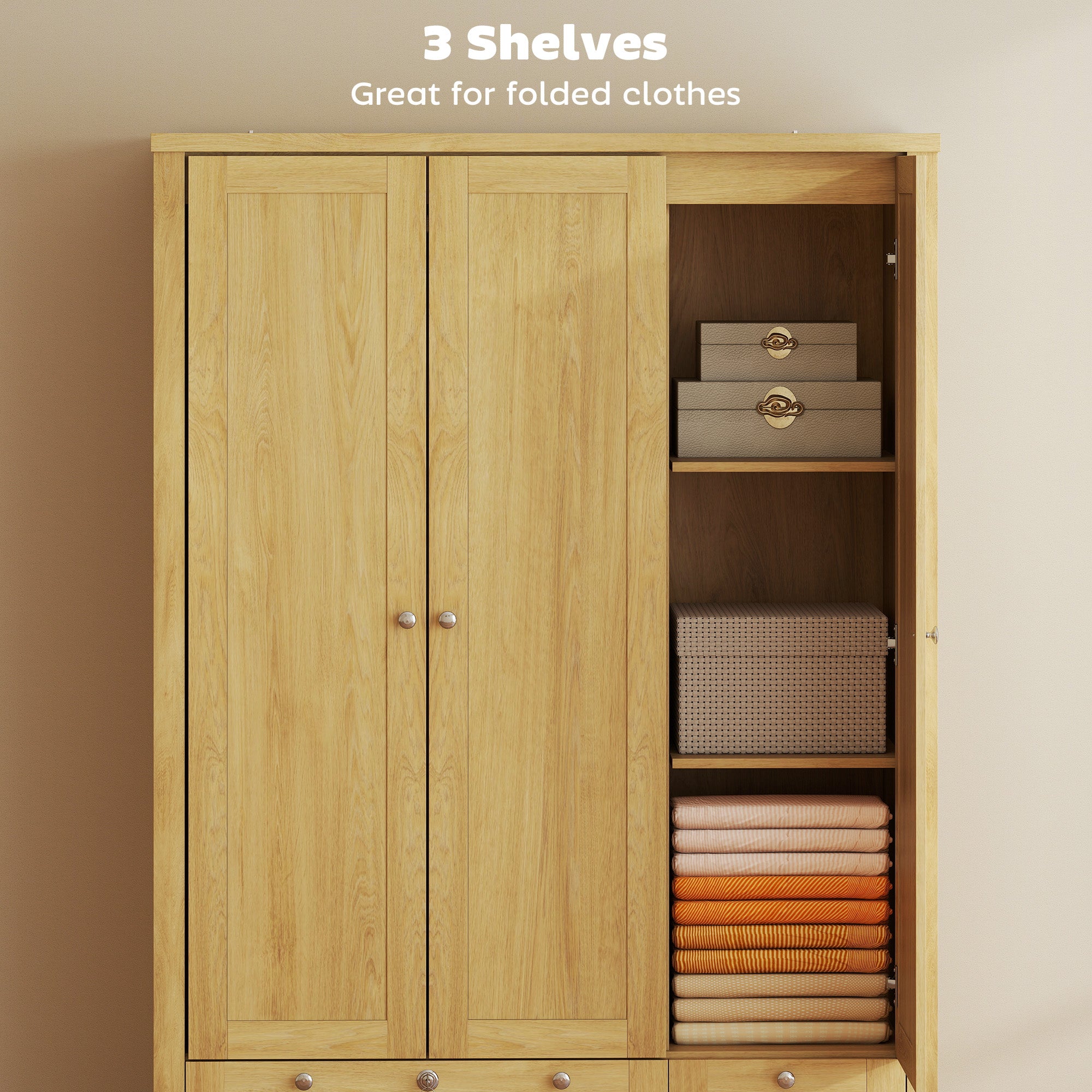 3 Doors Wardrobe Closet with 2 Drawers, Bedroom Armoire with Lockable Drawer, Hanging Rod and Storage Shelves, Natural