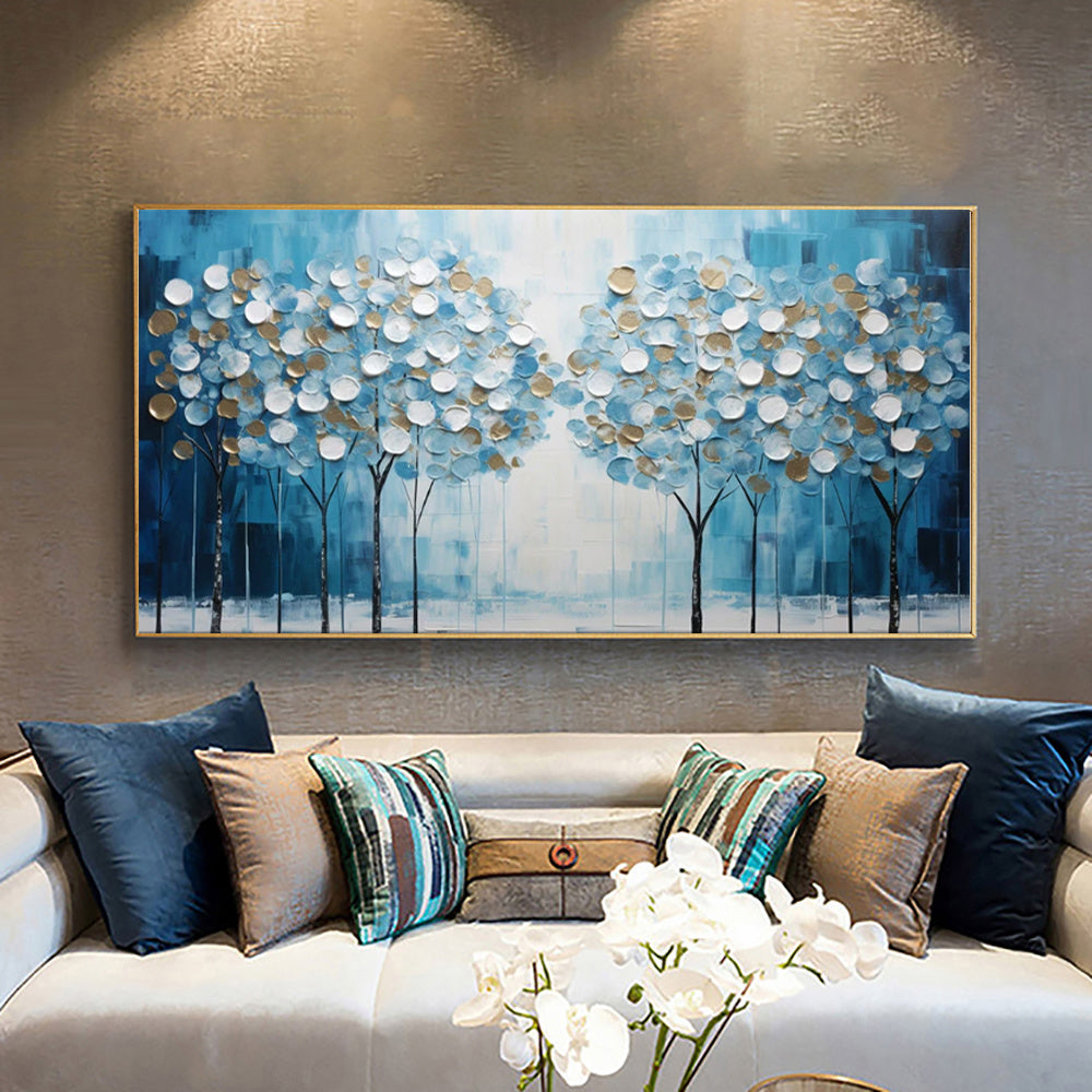 Abstract Blue Tree Of Life Canvas Hand-Painted Oil Painting Modern Lucky Fortune Tree Large Size Boho Home Decor