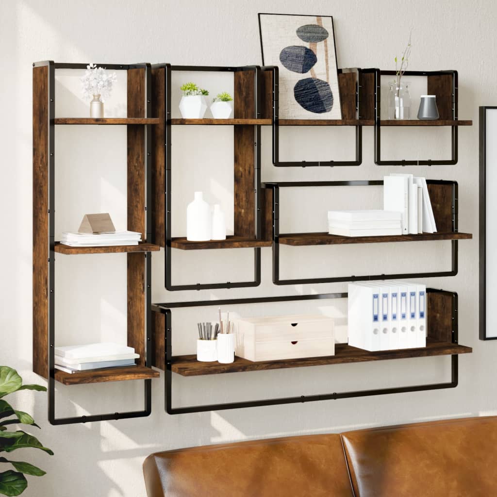 Set di 6 mensole da parete con aste, legno composito di rovere Sonoma