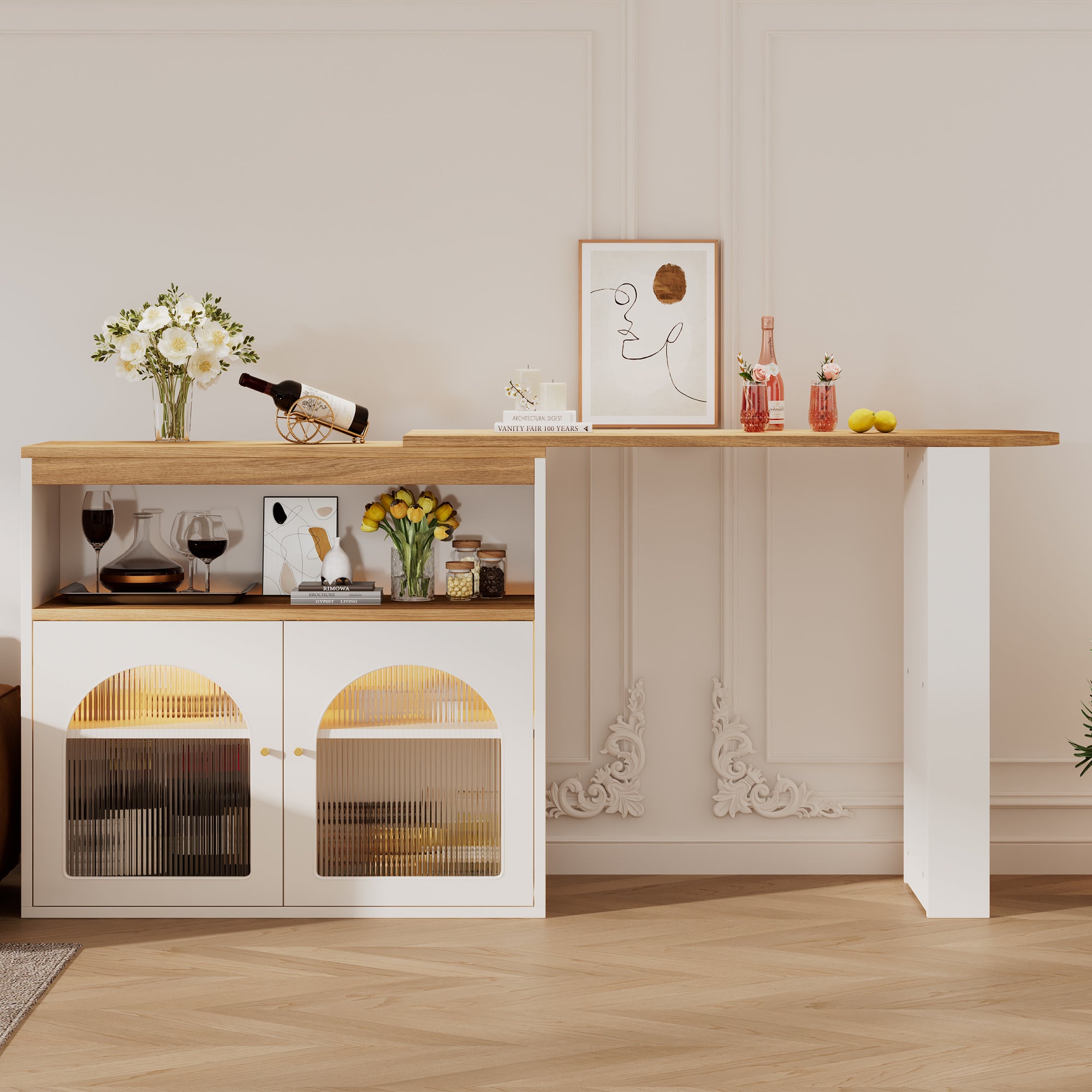 Tavolo da cucina moderno allungabile 138-193X39X105CM Tavolo da pranzo allungabile con contenitore, tavolo da bar e bistrot, girevole, per sala da pranzo, con striscia LED da 1 m Colore della luce regolabile, bianco